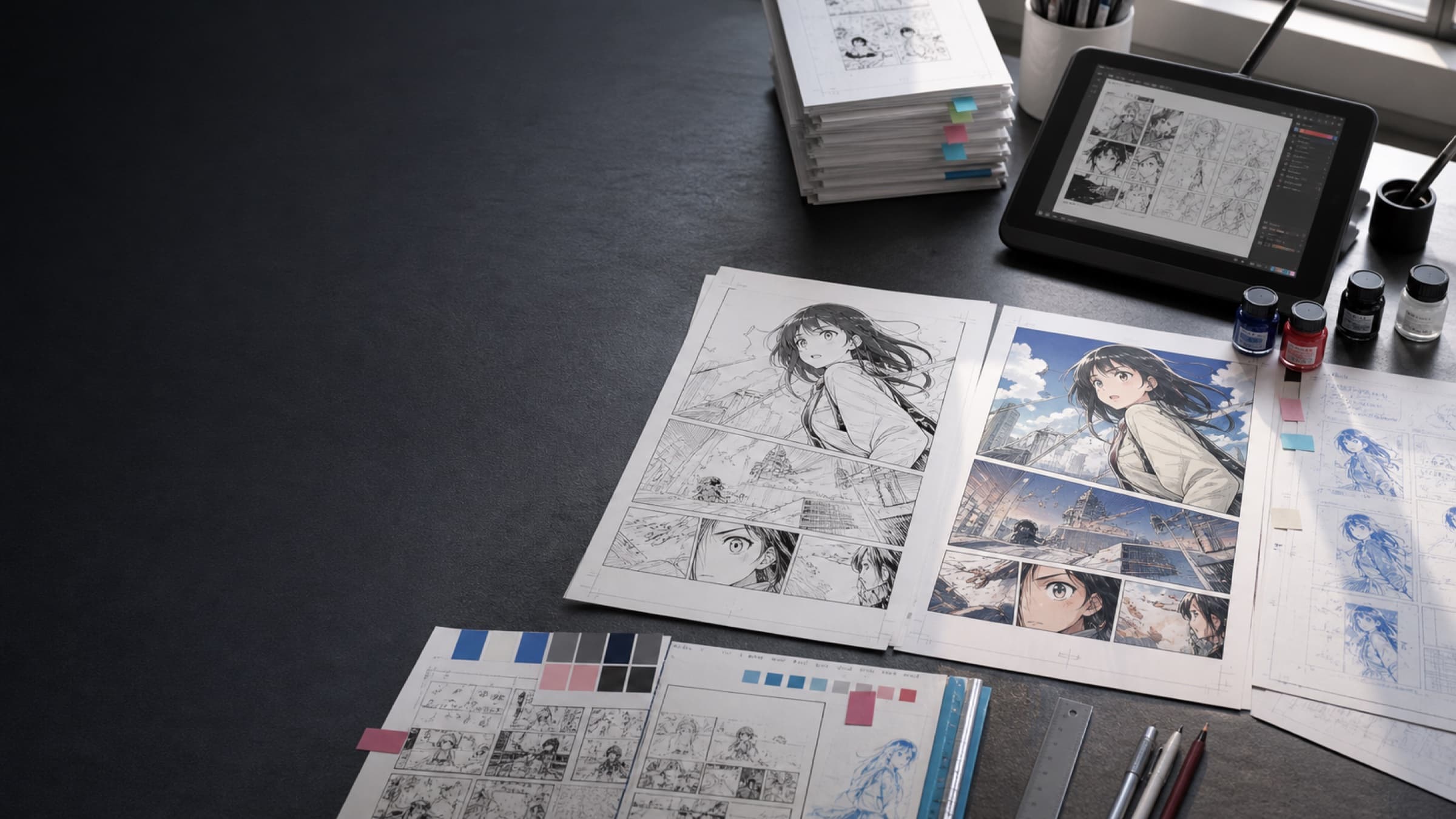 A manga studio desk covered with inked pages and color proofs